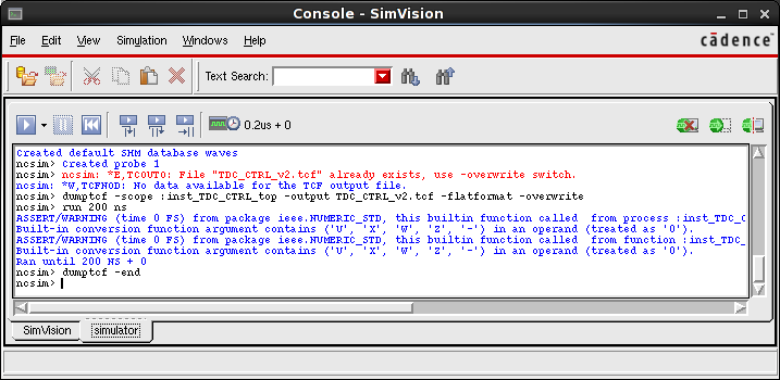 Running the dumptcf command in the SimVision console window.
